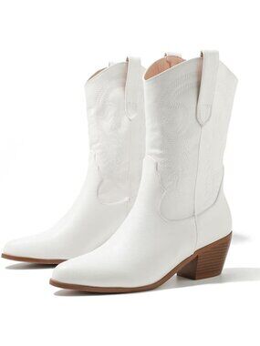Women’s White Embroidered Cowboy Boots Wide Calf Cowgirl Boots Stacked Heel